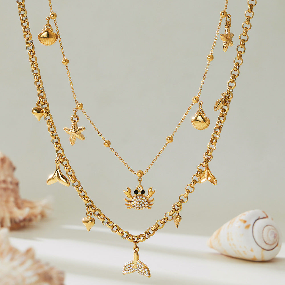 316L Stainless Steel CZ Paved Crab & Fishtail Pendant Necklace - Image 2