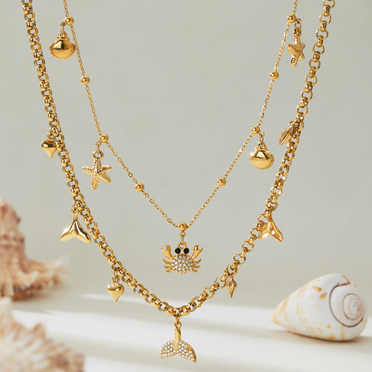 316L Stainless Steel CZ Paved Crab & Fishtail Pendant Necklace - Image 2