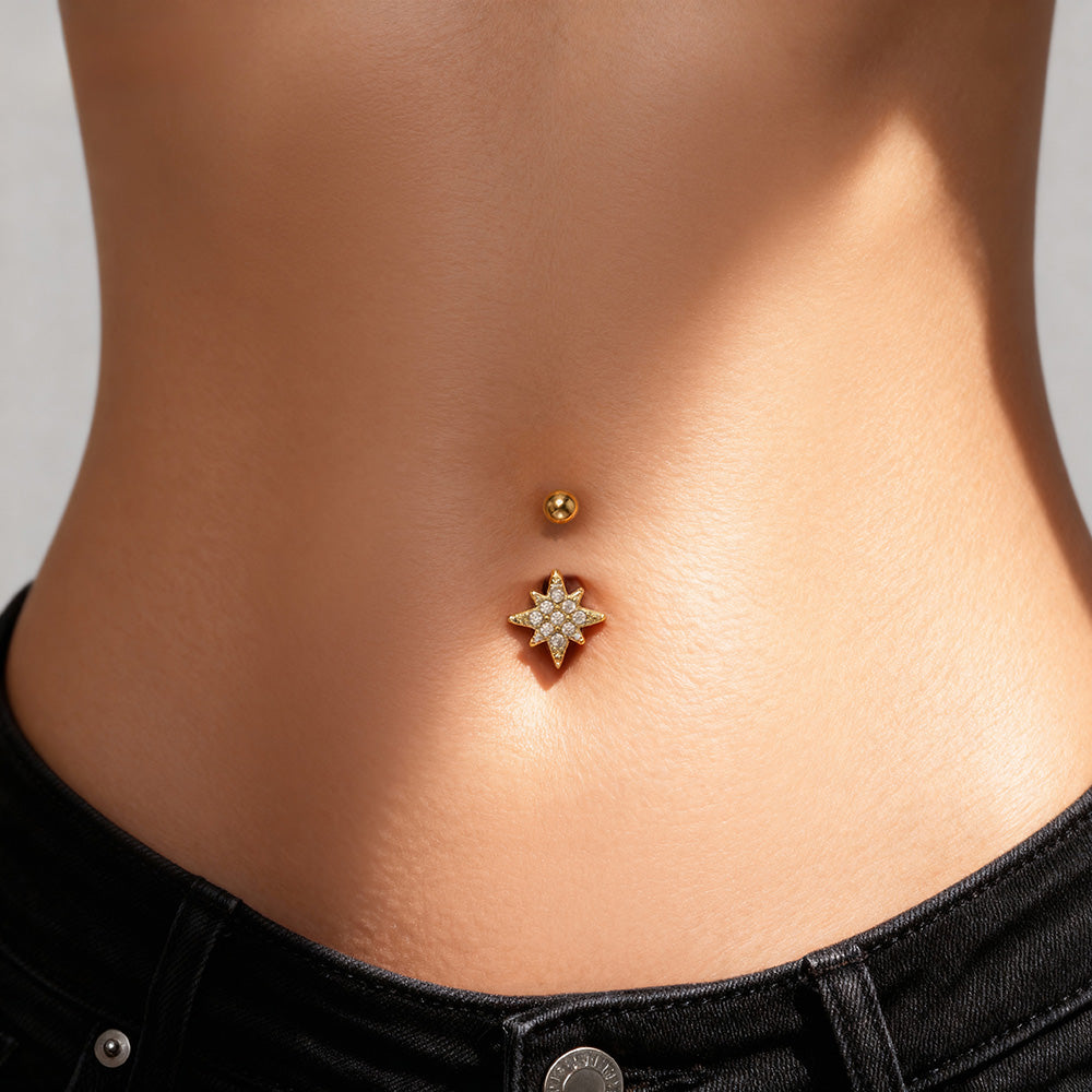 Gold surgical steel navel ring with sparkling heart charm, hypoallergenic CZ belly button ring wholesale