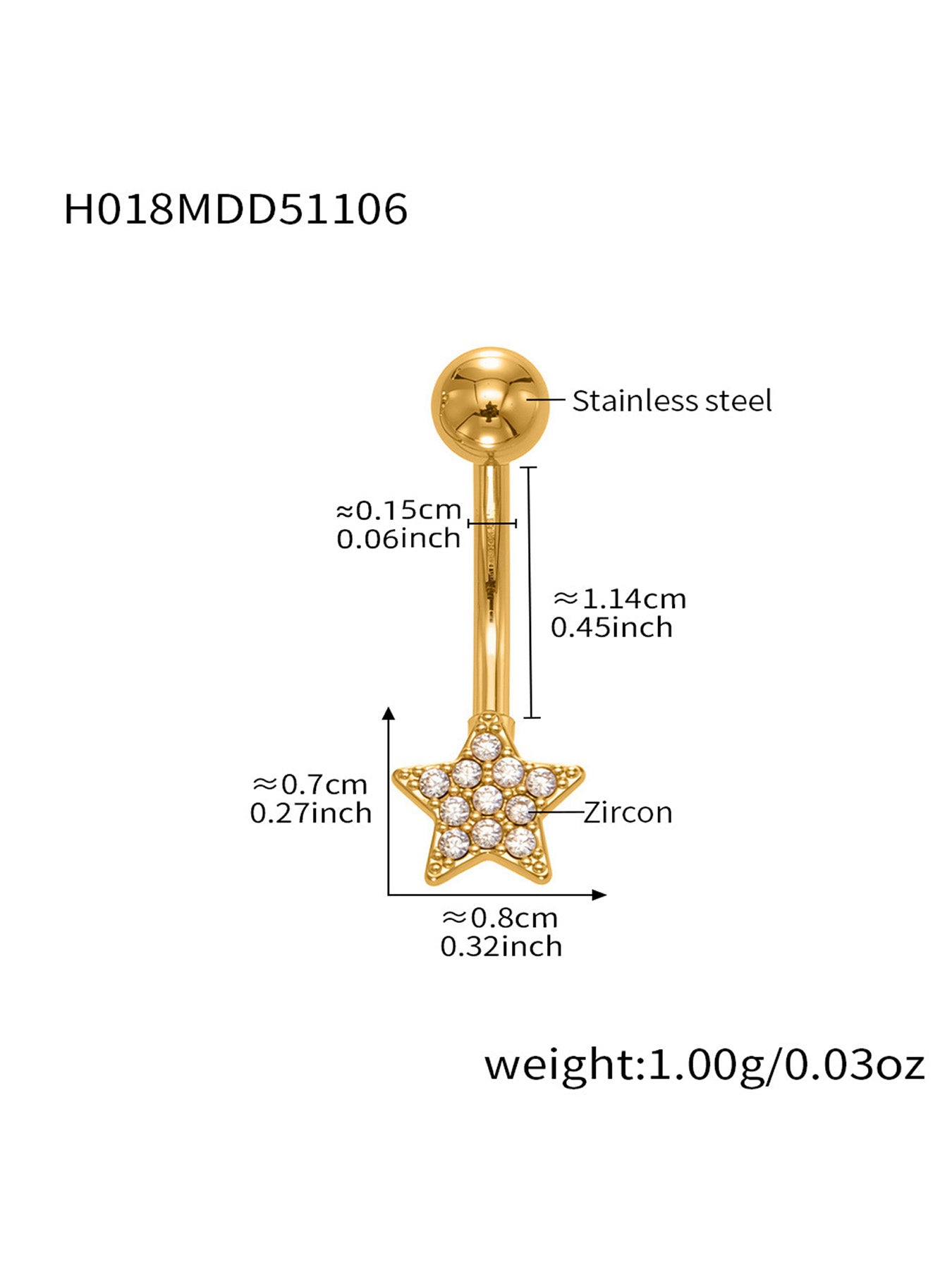 Gold CZ starfish belly button ring summer body jewelry, beach style navel piercing ring