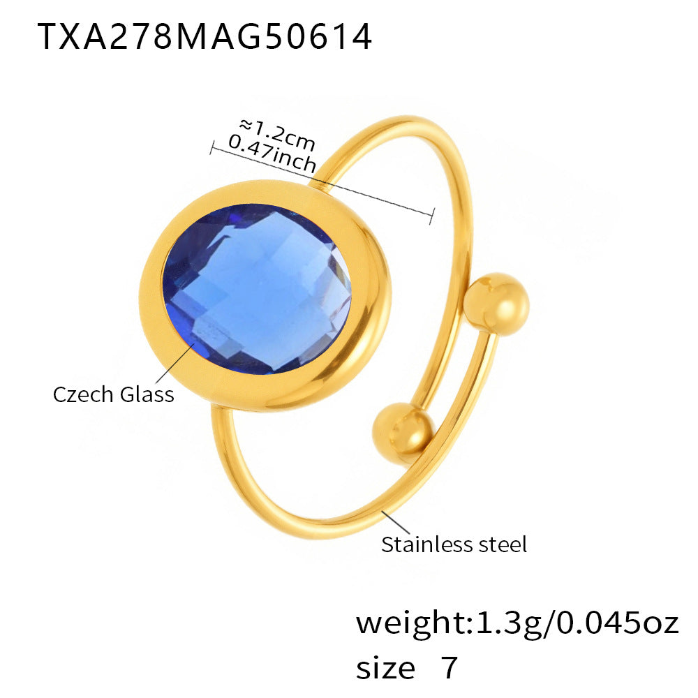 316L Stainless Steel 18K PVD Gold Adjustable Czech Glass Gemstone Ring