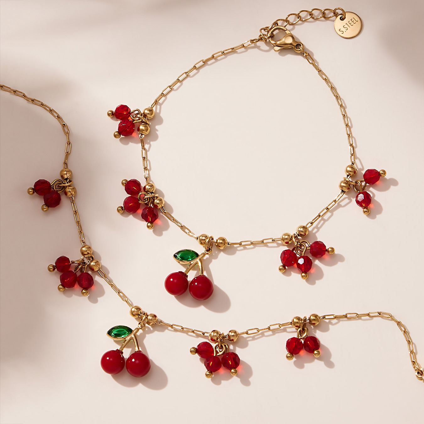 316L Stainless Steel Dainty Cherry Charm Beaded Necklace & Bracelet - Image 1