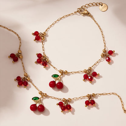 316L Stainless Steel Dainty Cherry Charm Beaded Necklace & Bracelet - Image 1
