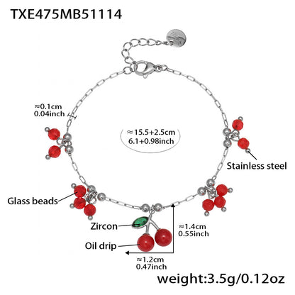 316L Stainless Steel Dainty Cherry Charm Beaded Necklace & Bracelet - Image 2