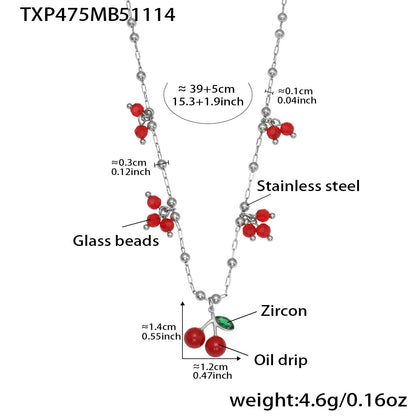 316L Stainless Steel Dainty Cherry Charm Beaded Necklace & Bracelet - Image 3