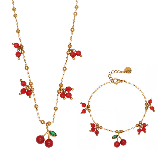 316L Stainless Steel Dainty Cherry Charm Beaded Necklace & Bracelet - Image 6