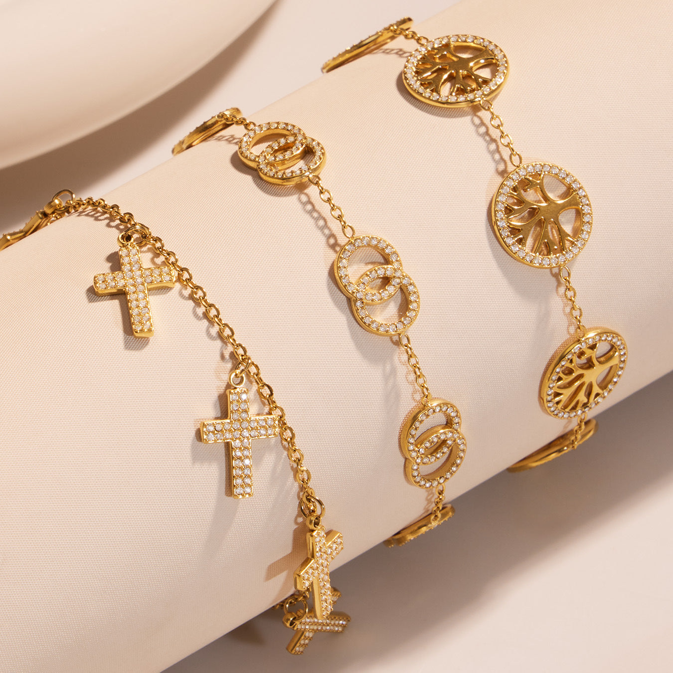 316L Stainless Steel Dainty Double Circle Zircon & Multi-Charm Bracelet Set - Image 1