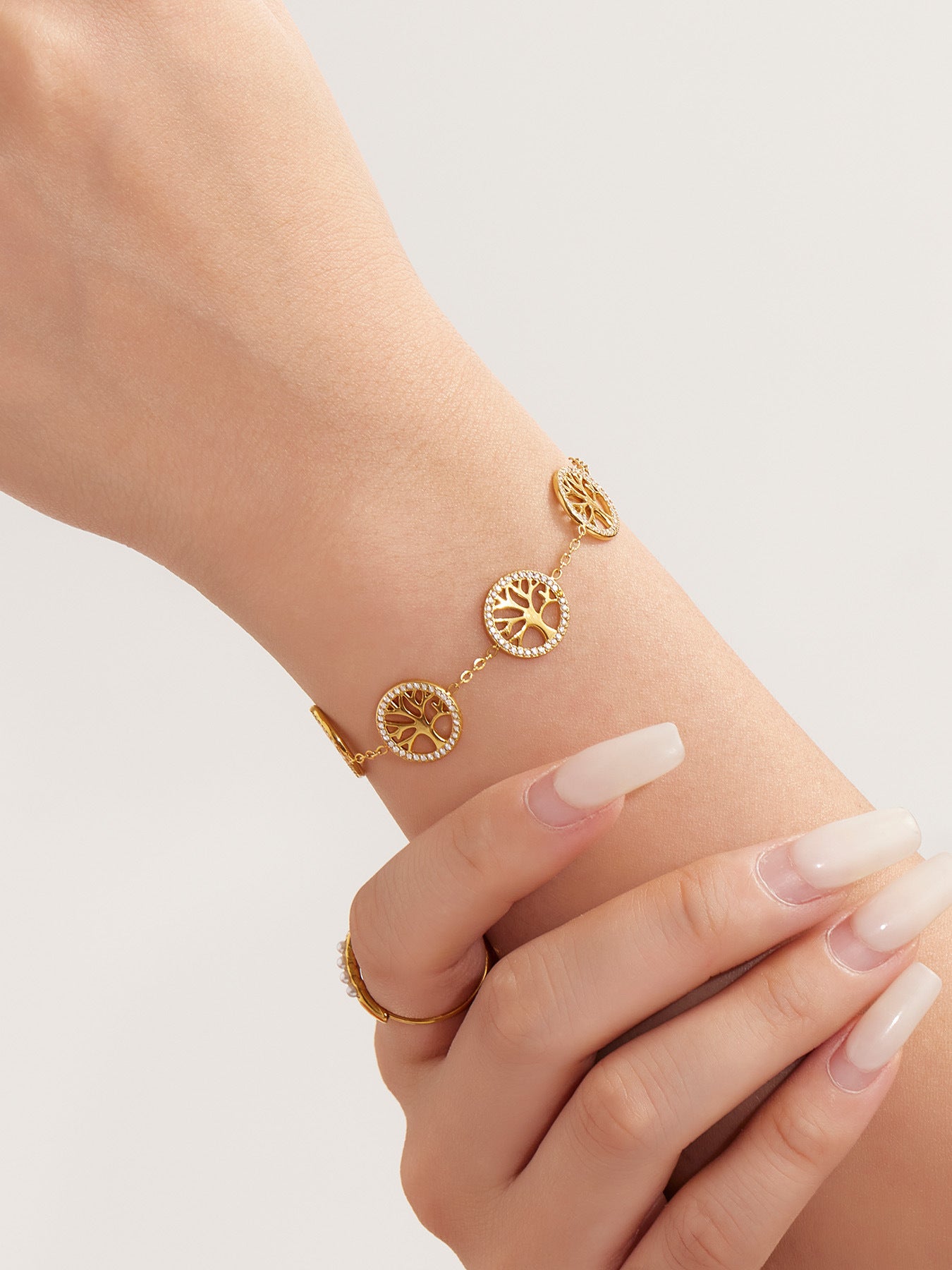 316L Stainless Steel Dainty Double Circle Zircon & Multi-Charm Bracelet Set - Image 2