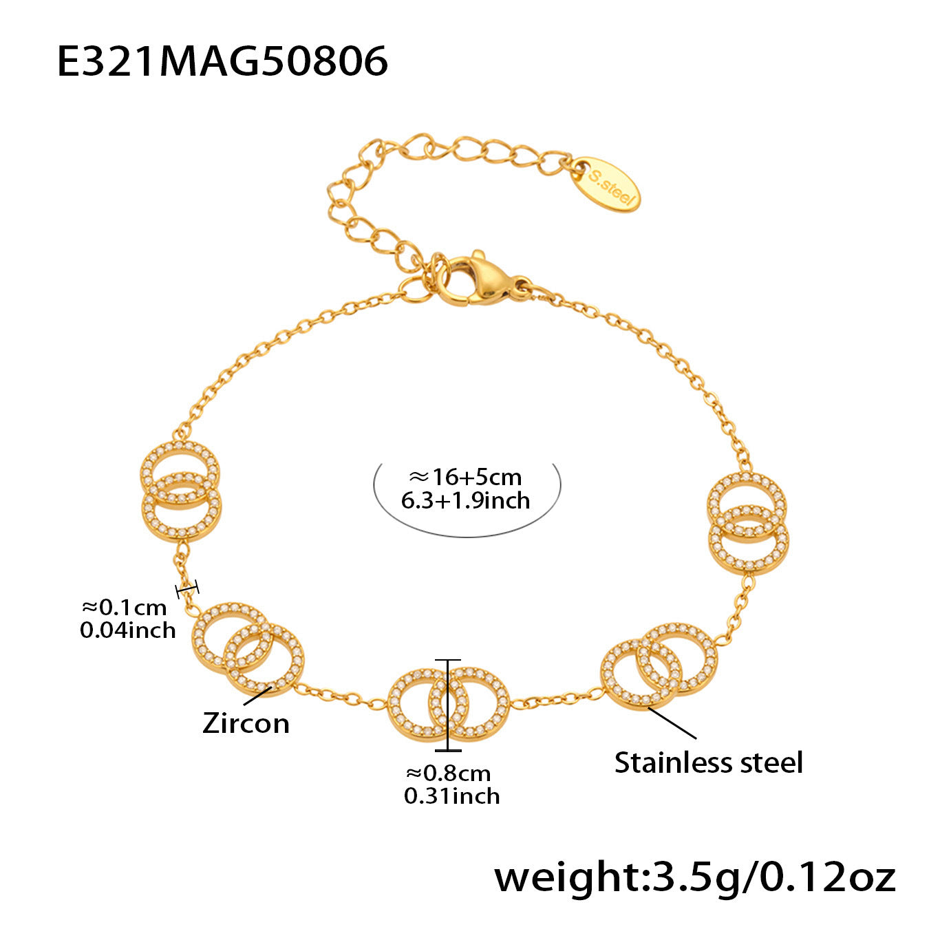 316L Stainless Steel Dainty Double Circle Zircon & Multi-Charm Bracelet Set - Image 3