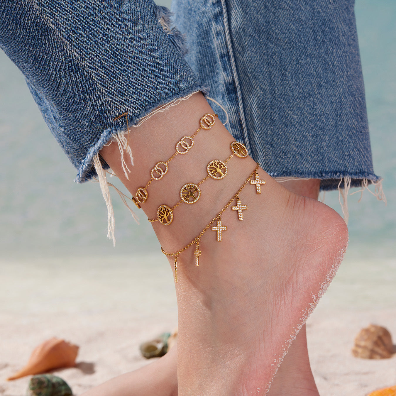 316L Stainless Steel Dainty Double Circle Zircon & Multi-Charm Bracelet Set - Image 4