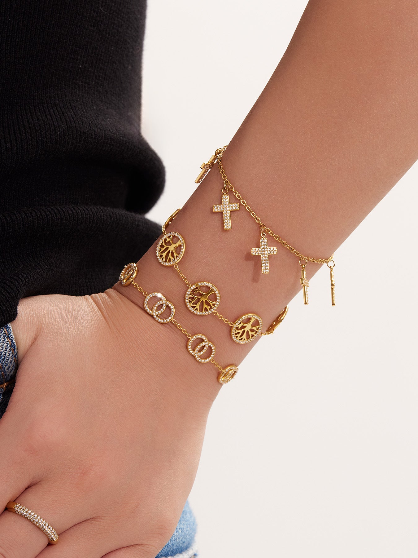 316L Stainless Steel Dainty Double Circle Zircon & Multi-Charm Bracelet Set - Image 5