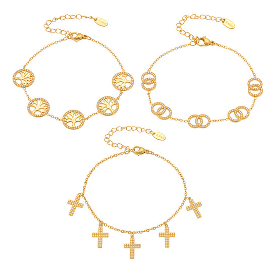 316L Stainless Steel Dainty Double Circle Zircon & Multi-Charm Bracelet Set - Image 8