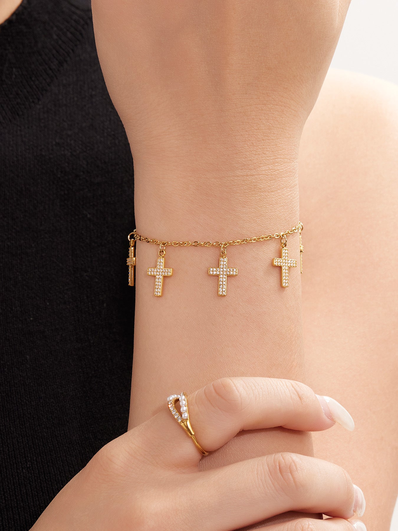 316L Stainless Steel Dainty Double Circle Zircon & Multi-Charm Bracelet Set - Image 9