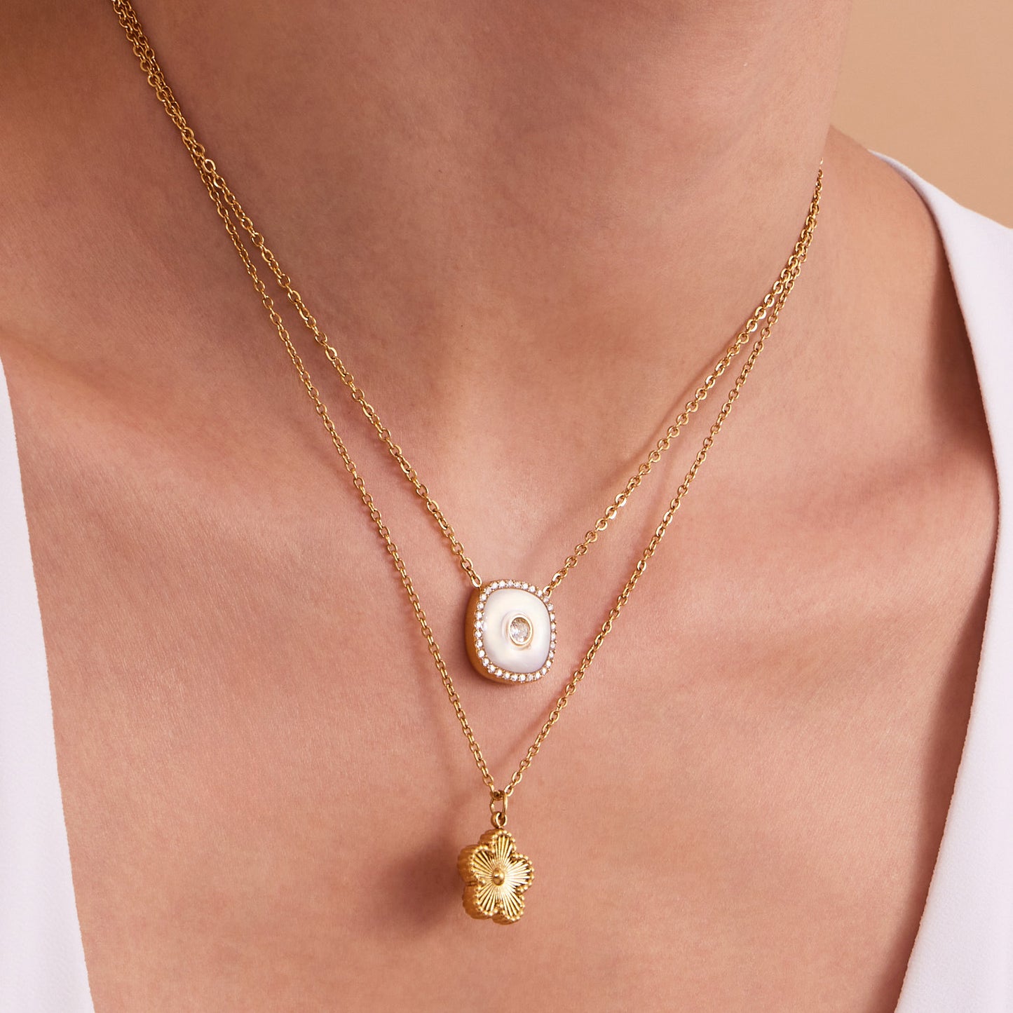 316L Stainless Steel Dainty Five-Petal Flower & Mother-of-Pearl Square Zircon Collection - Image 3