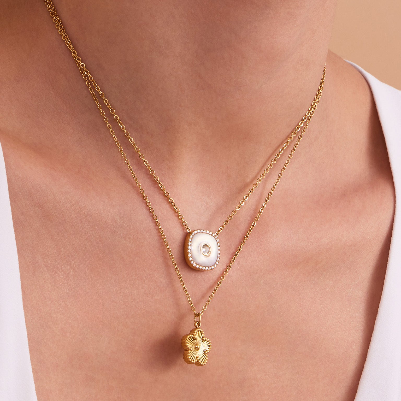 316L Stainless Steel Dainty Five-Petal Flower & Mother-of-Pearl Square Zircon Collection - Image 3