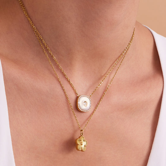 316L Stainless Steel Dainty Five-Petal Flower & Mother-of-Pearl Square Zircon Collection - Image 3