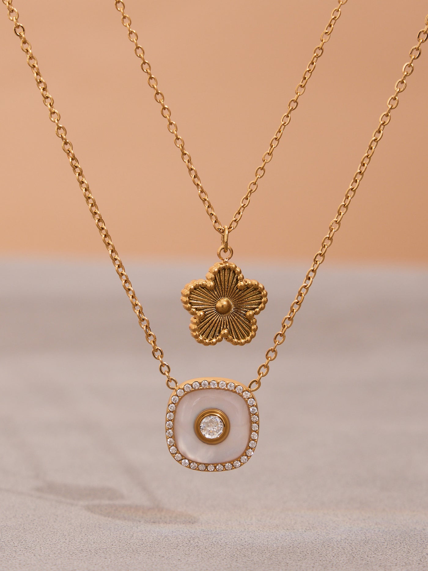 316L Stainless Steel Dainty Five-Petal Flower & Mother-of-Pearl Square Zircon Collection - Image 4