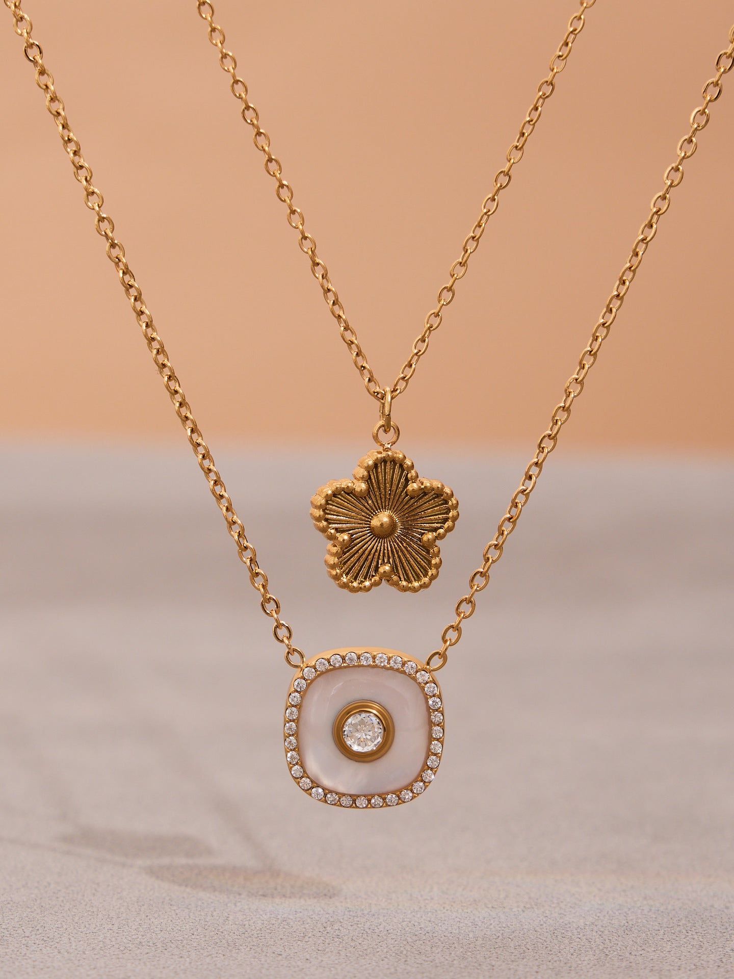 316L Stainless Steel Dainty Five-Petal Flower & Mother-of-Pearl Square Zircon Collection - Image 4