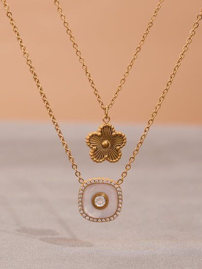 316L Stainless Steel Dainty Five-Petal Flower & Mother-of-Pearl Square Zircon Collection - Image 4