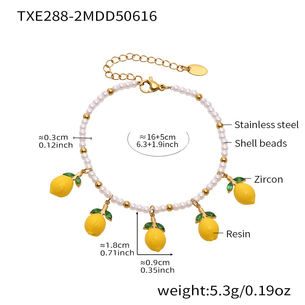 316L Stainless Steel Dainty Lemon Daisy Shell Pearl Charm Bracelet - Image 11