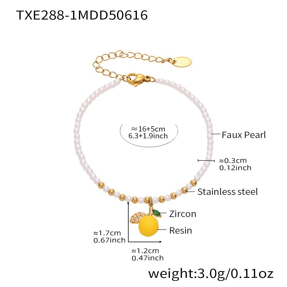 316L Stainless Steel Dainty Lemon Daisy Shell Pearl Charm Bracelet - Image 3