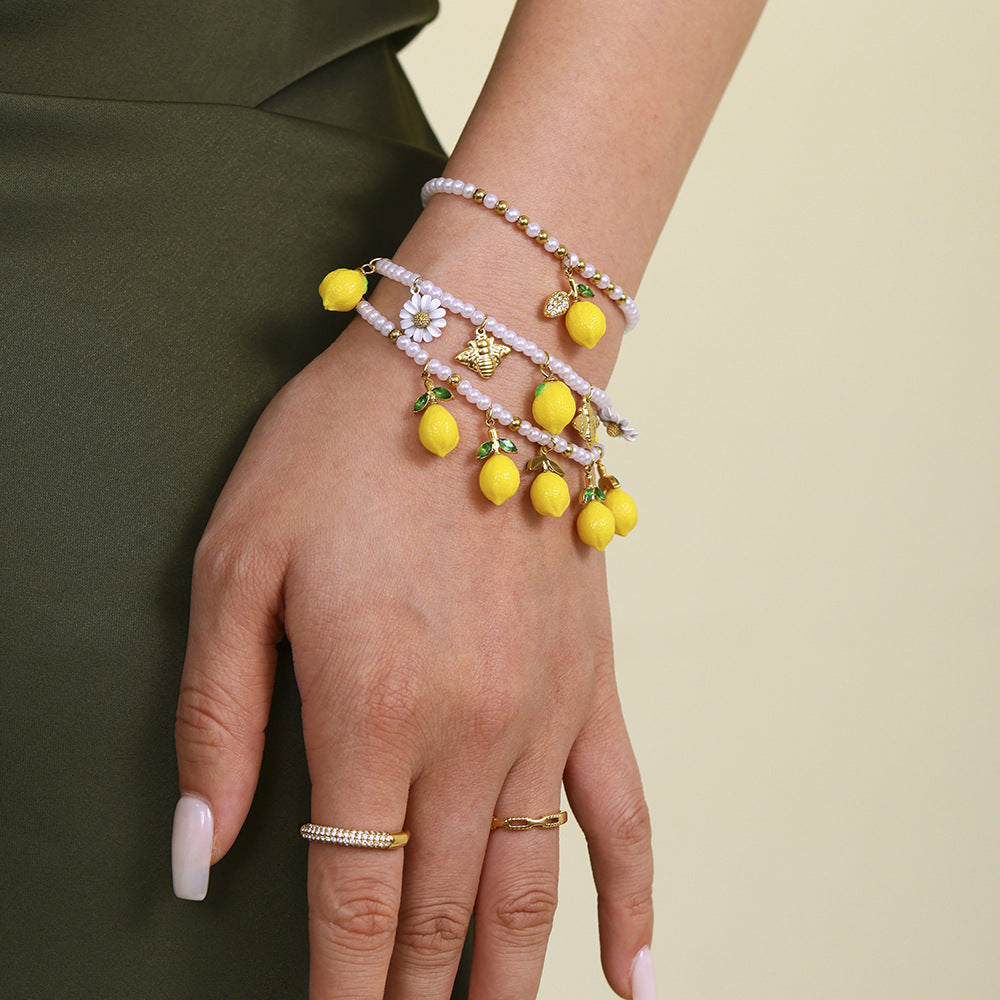 316L Stainless Steel Dainty Lemon Daisy Shell Pearl Charm Bracelet - Image 5