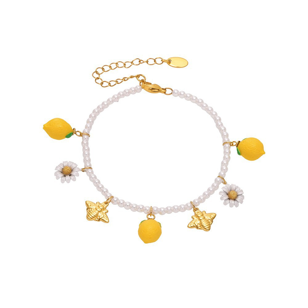 316L Stainless Steel Dainty Lemon Daisy Shell Pearl Charm Bracelet - Image 8