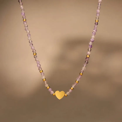 316L Stainless Steel Dainty Natural Stone & Gold Bead Heart Necklace - Image 2