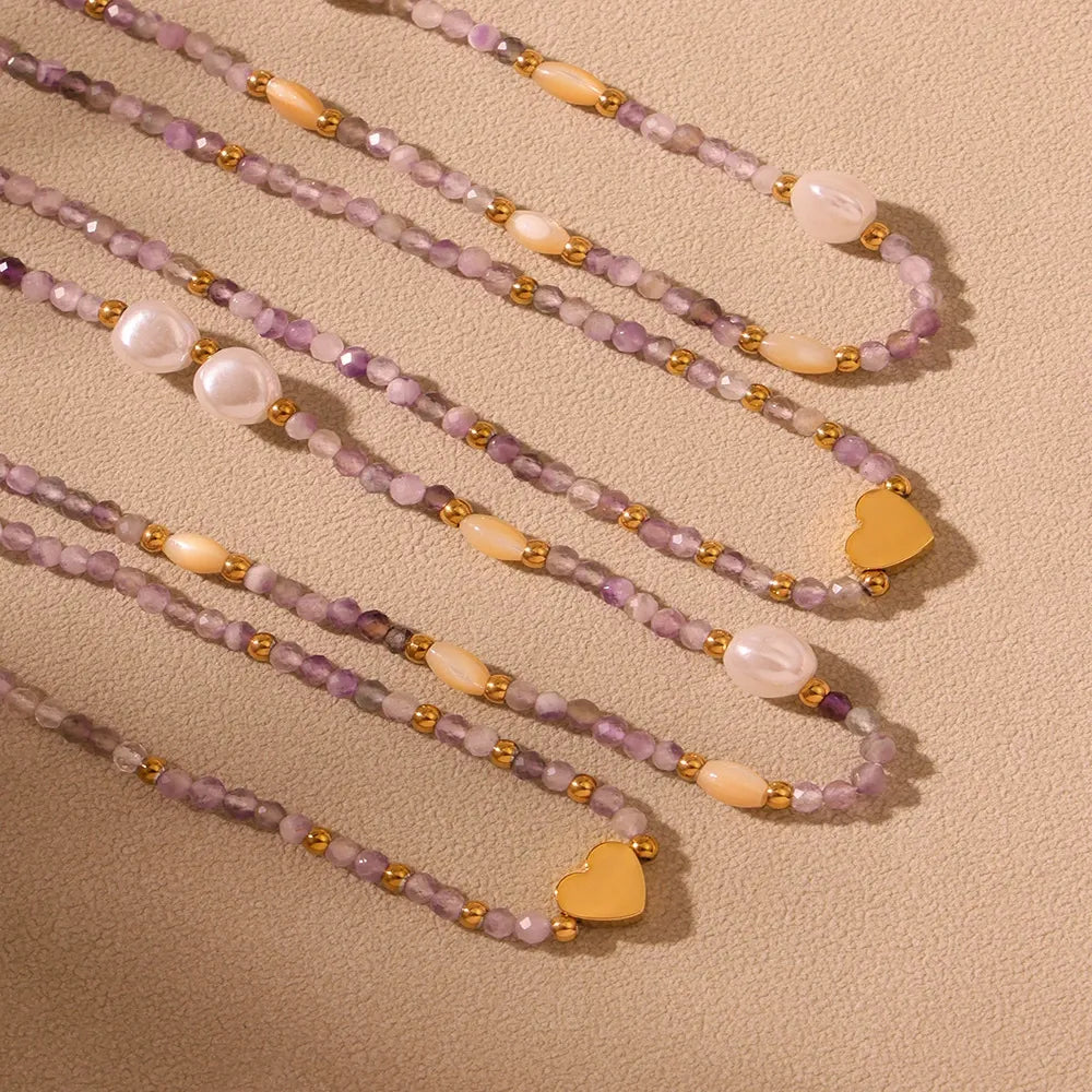 316L Stainless Steel Dainty Natural Stone & Gold Bead Heart Necklace - Image 4