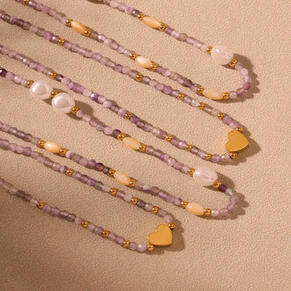 316L Stainless Steel Dainty Natural Stone & Gold Bead Heart Necklace - Image 4