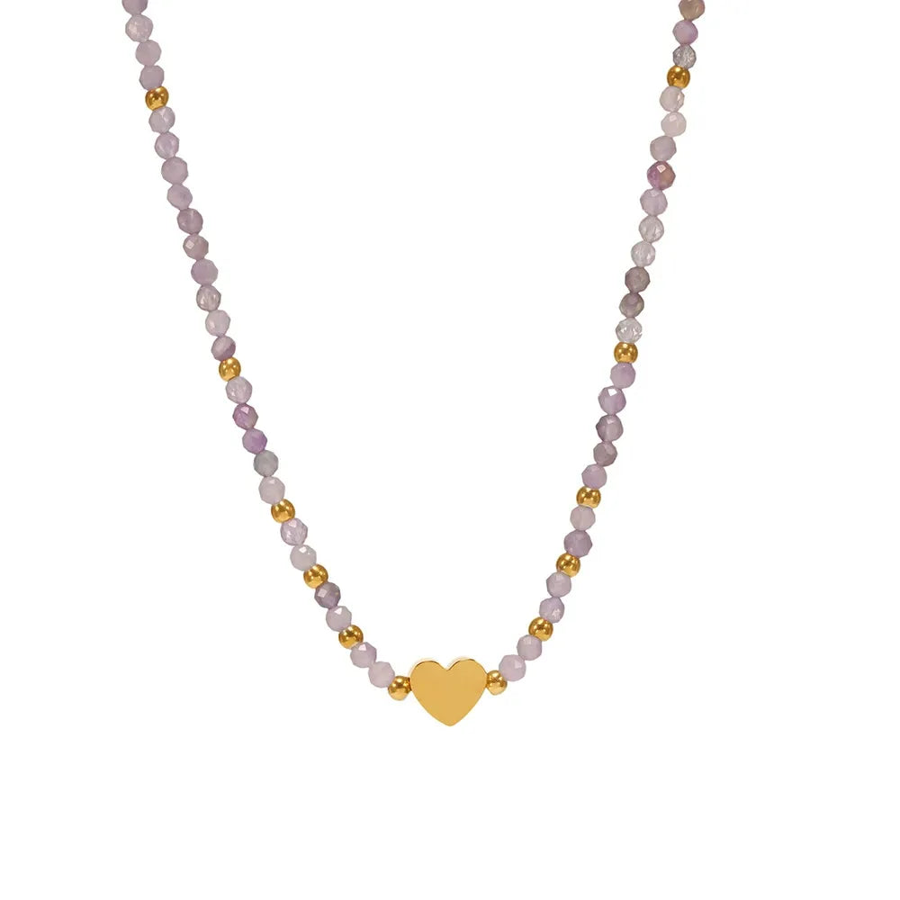 316L Stainless Steel Dainty Natural Stone & Gold Bead Heart Necklace - Image 5