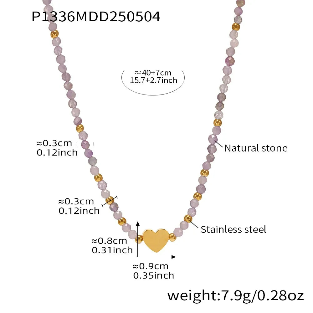 316L Stainless Steel Dainty Natural Stone & Gold Bead Heart Necklace - Image 6