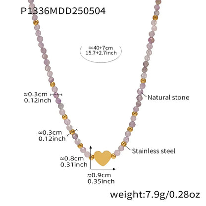 316L Stainless Steel Dainty Natural Stone & Gold Bead Heart Necklace - Image 6