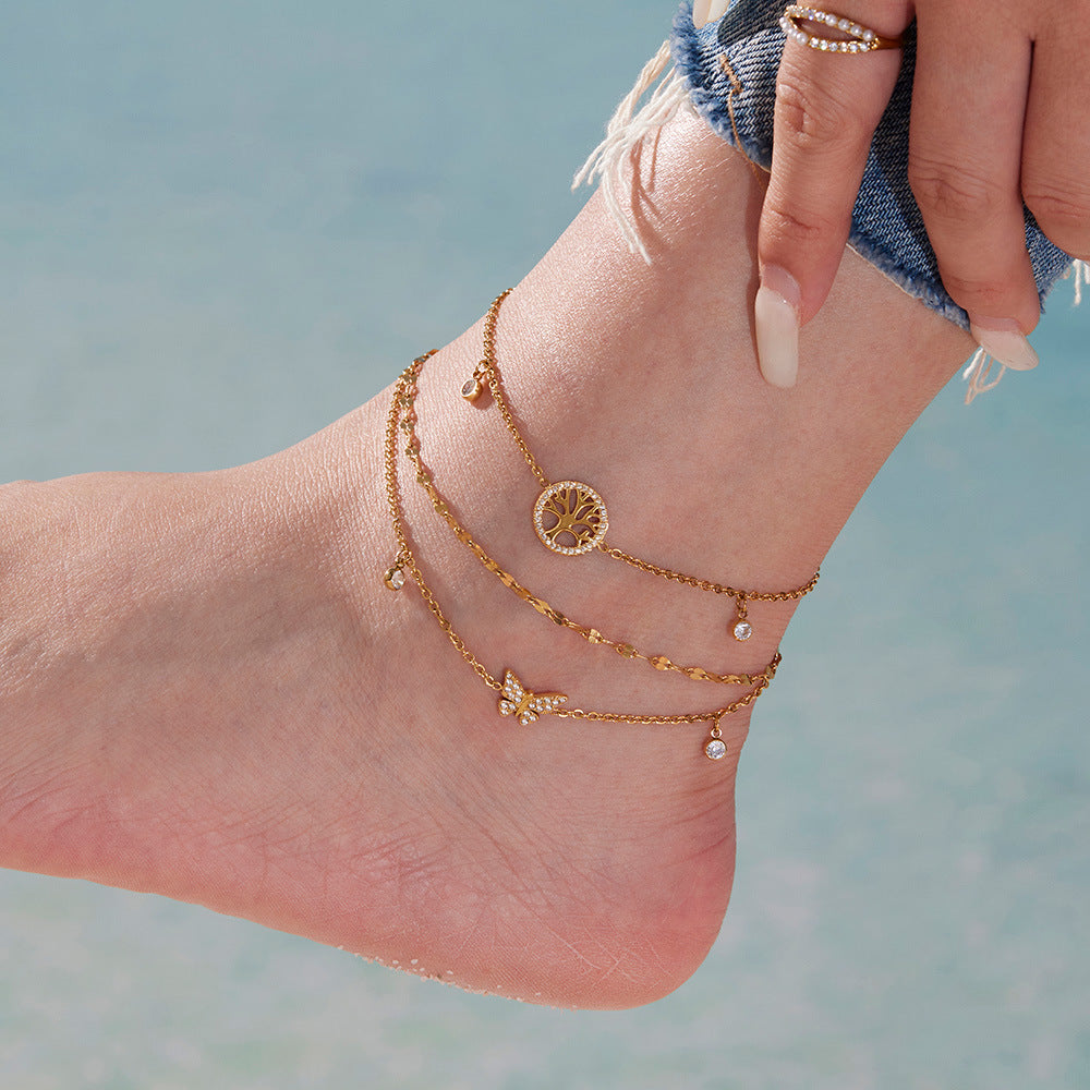 316L Stainless Steel Dazzling Zircon Butterfly Tassel Anklet - Image 3