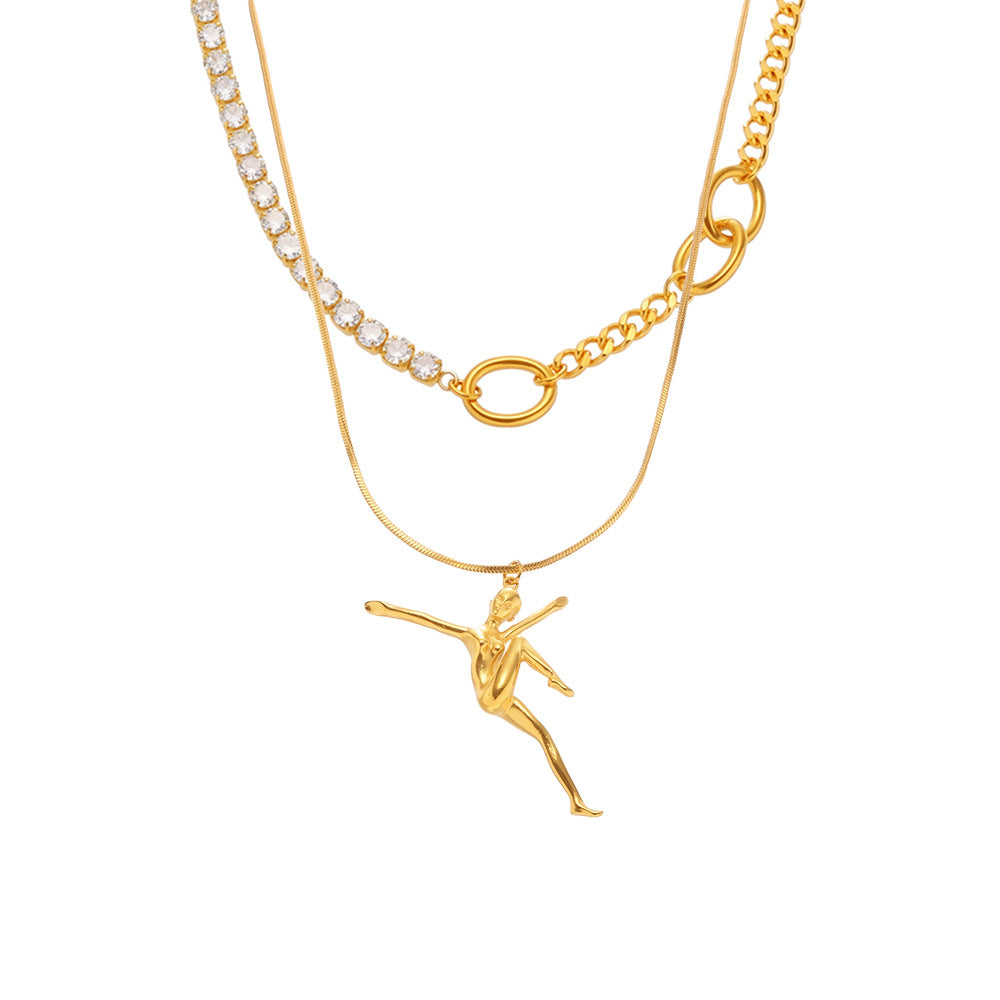 316L Stainless Steel Delicate Dancing Girl 5A Zircon Double-Layer Clavicle Necklace - Image 1