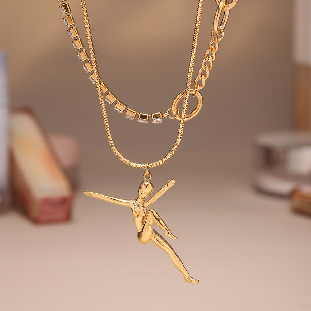 316L Stainless Steel Delicate Dancing Girl 5A Zircon Double-Layer Clavicle Necklace - Image 9