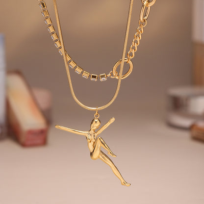 316L Stainless Steel Delicate Dancing Girl 5A Zircon Double-Layer Clavicle Necklace - Image 9