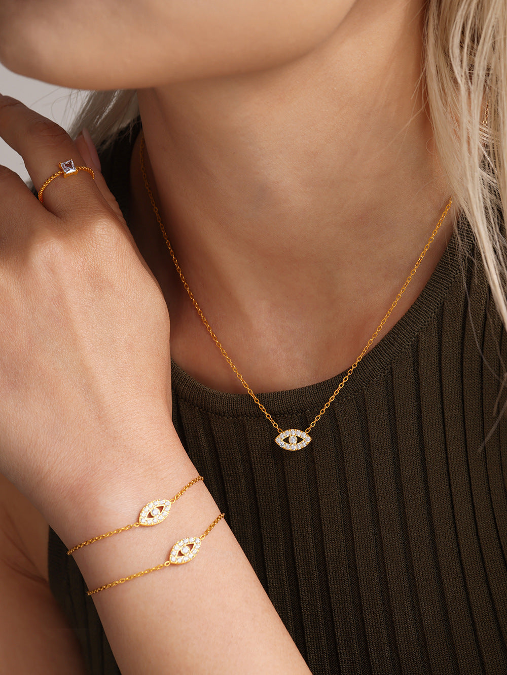 316L Stainless Steel Delicate Layered Evil Eye 5A Zircon Necklace & Bracelet - Image 11