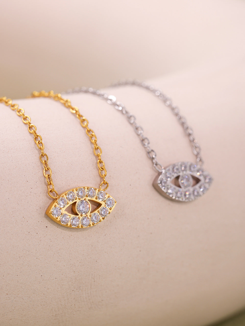 316L Stainless Steel Delicate Layered Evil Eye 5A Zircon Necklace & Bracelet - Image 3