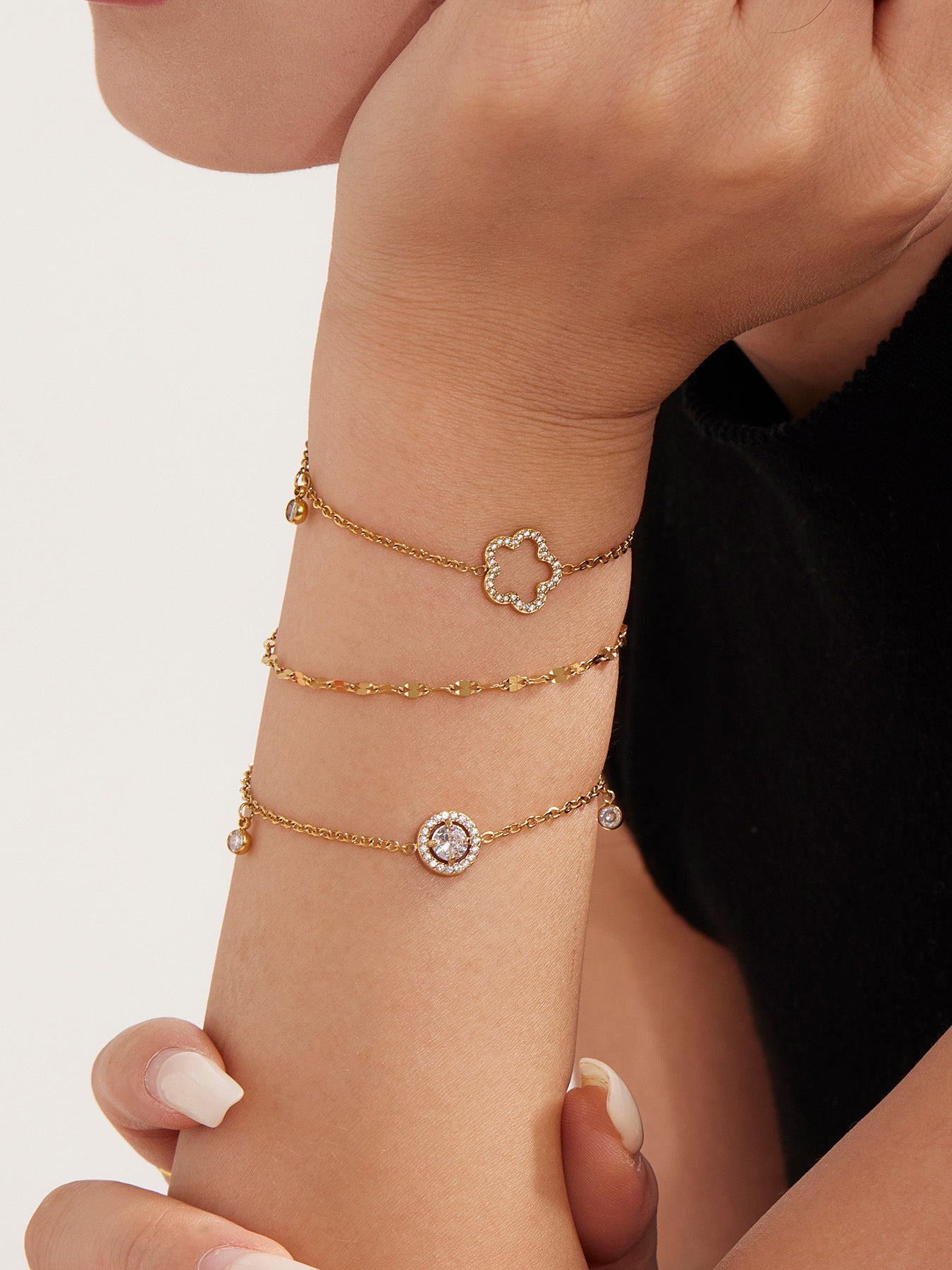 316L Stainless Steel Delicate Pave Zircon Hollow Flower Tassel Anklet - Image 3