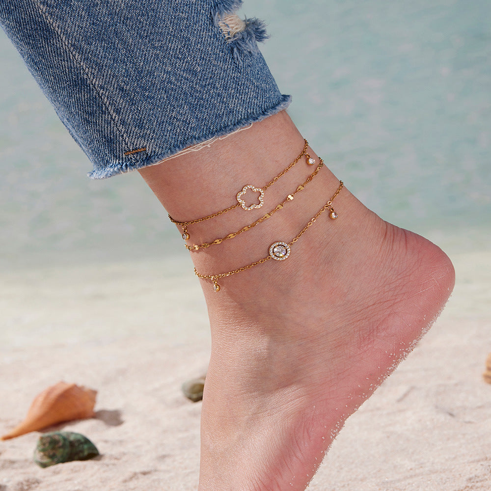 316L Stainless Steel Delicate Pave Zircon Hollow Flower Tassel Anklet - Image 5