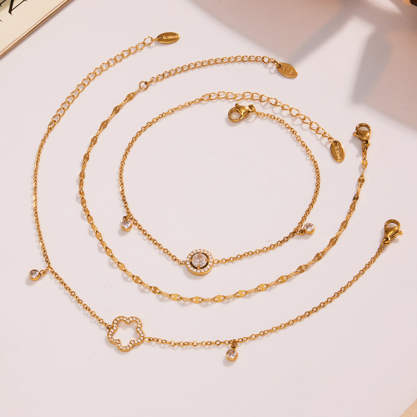 316L Stainless Steel Delicate Pave Zircon Hollow Flower Tassel Anklet - Image 6