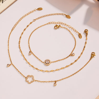 316L Stainless Steel Delicate Pave Zircon Hollow Flower Tassel Anklet - Image 6