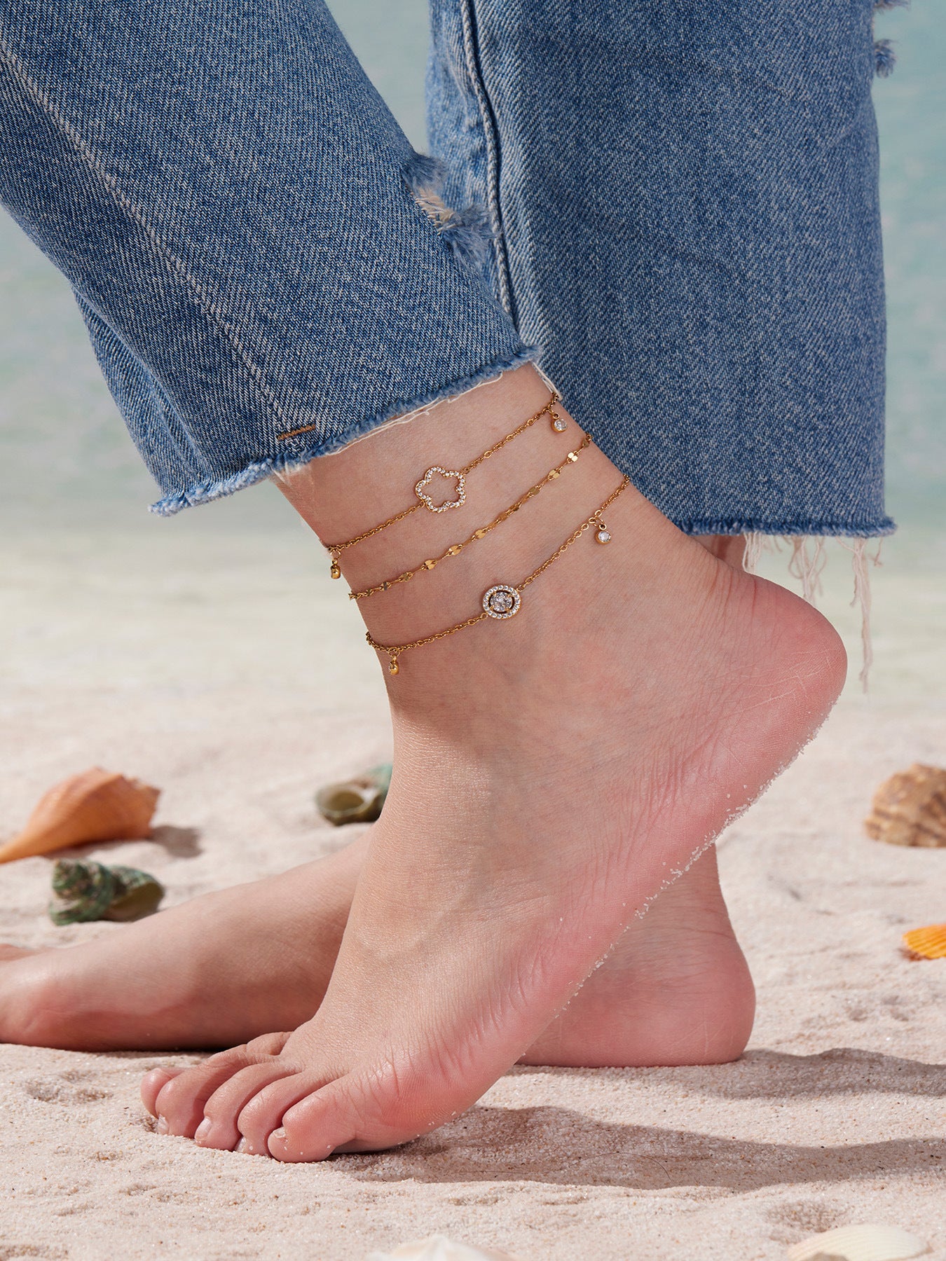 316L Stainless Steel Delicate Pave Zircon Hollow Flower Tassel Anklet - Image 7