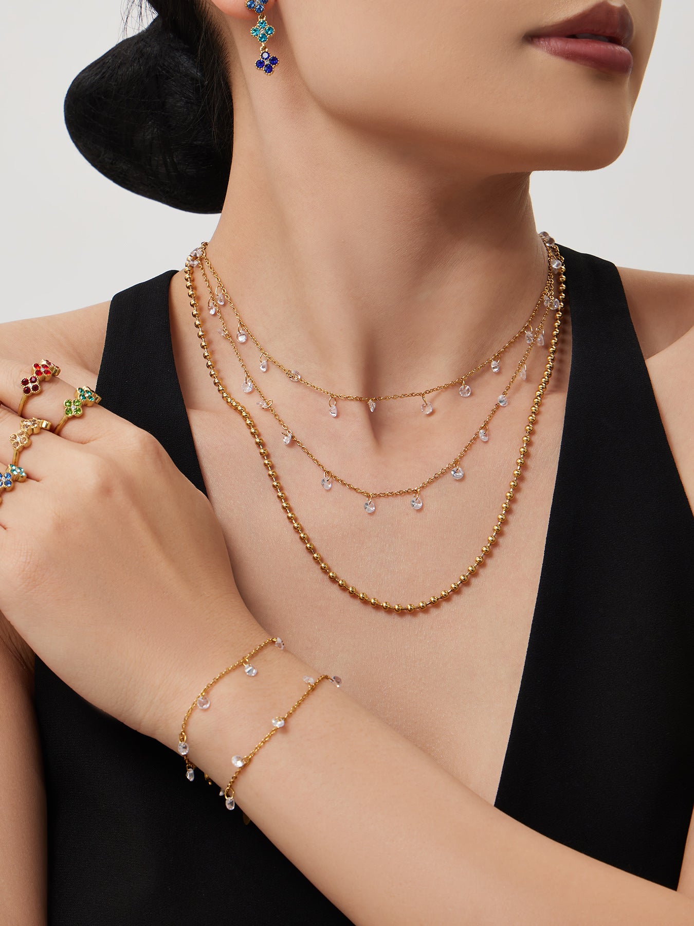 316L Stainless Steel Delicate Zircon Tassel Layering Bracelet & Choker Necklace - Image 1