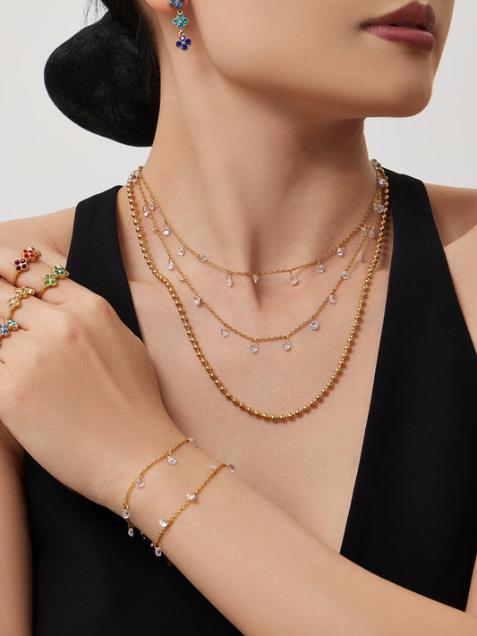 316L Stainless Steel Delicate Zircon Tassel Layering Bracelet & Choker Necklace - Image 1