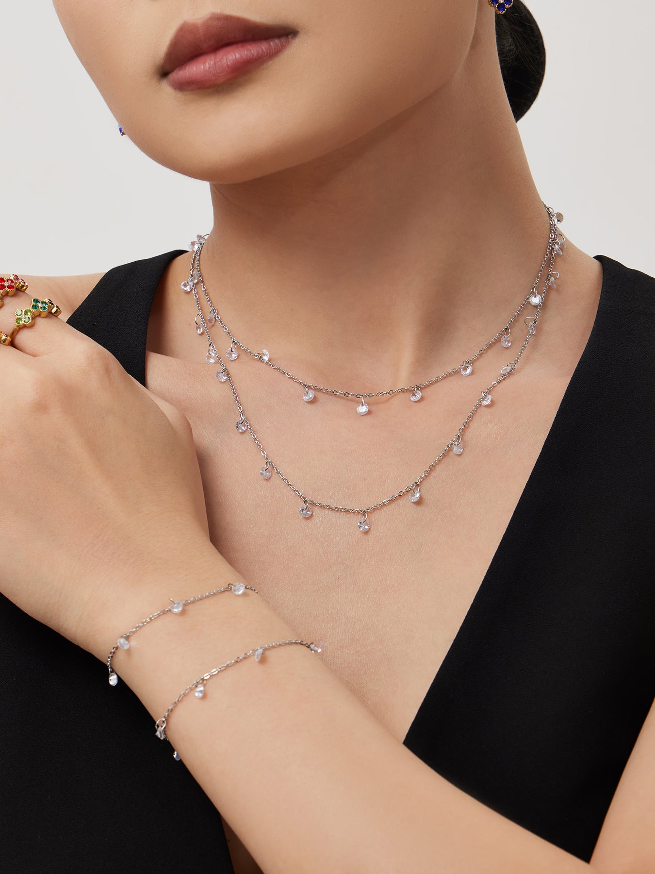 316L Stainless Steel Delicate Zircon Tassel Layering Bracelet & Choker Necklace - Image 14