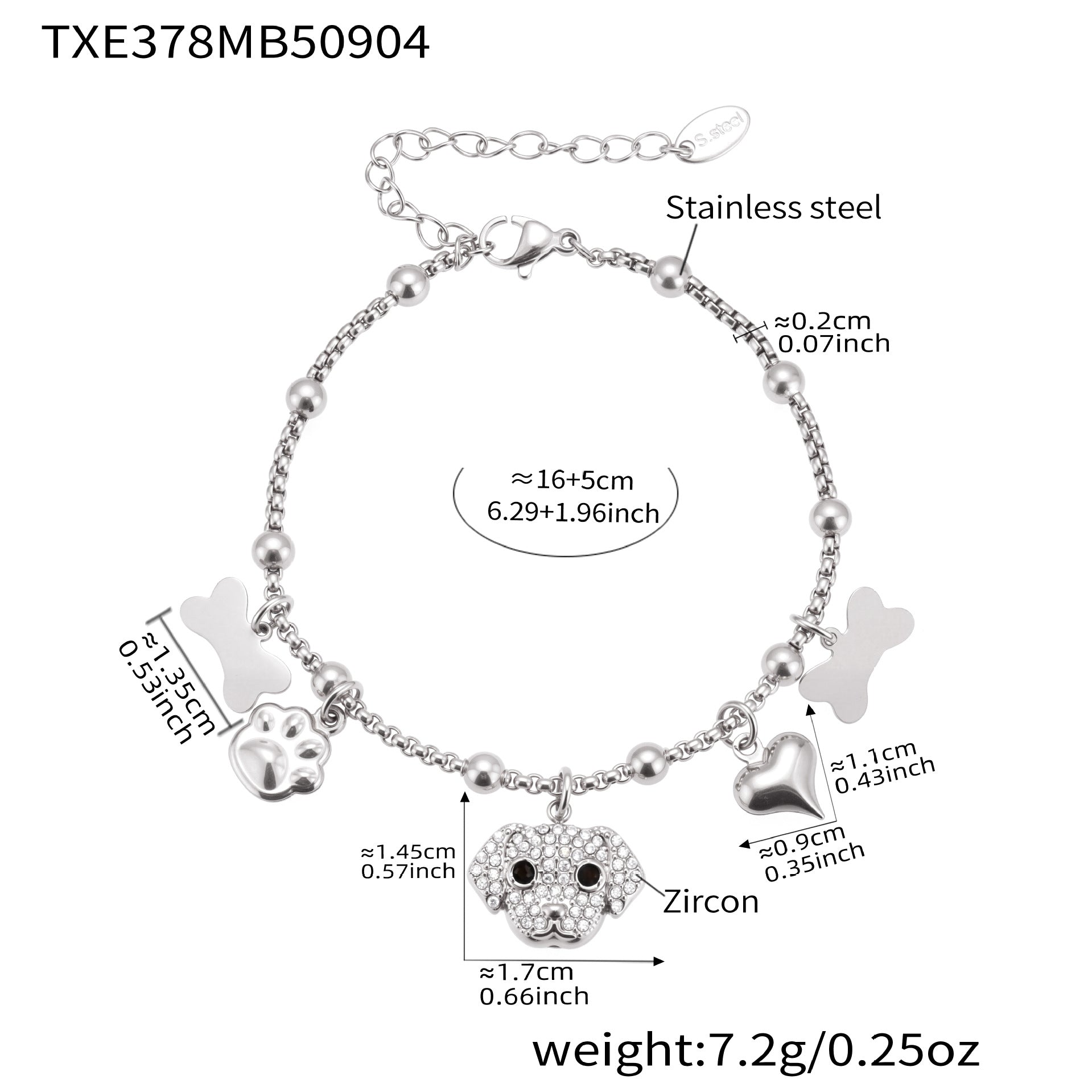 Technical drawing for the gold heart pendant charm, 316L stainless steel with zircon, hypoallergenic for sensitive skin.
