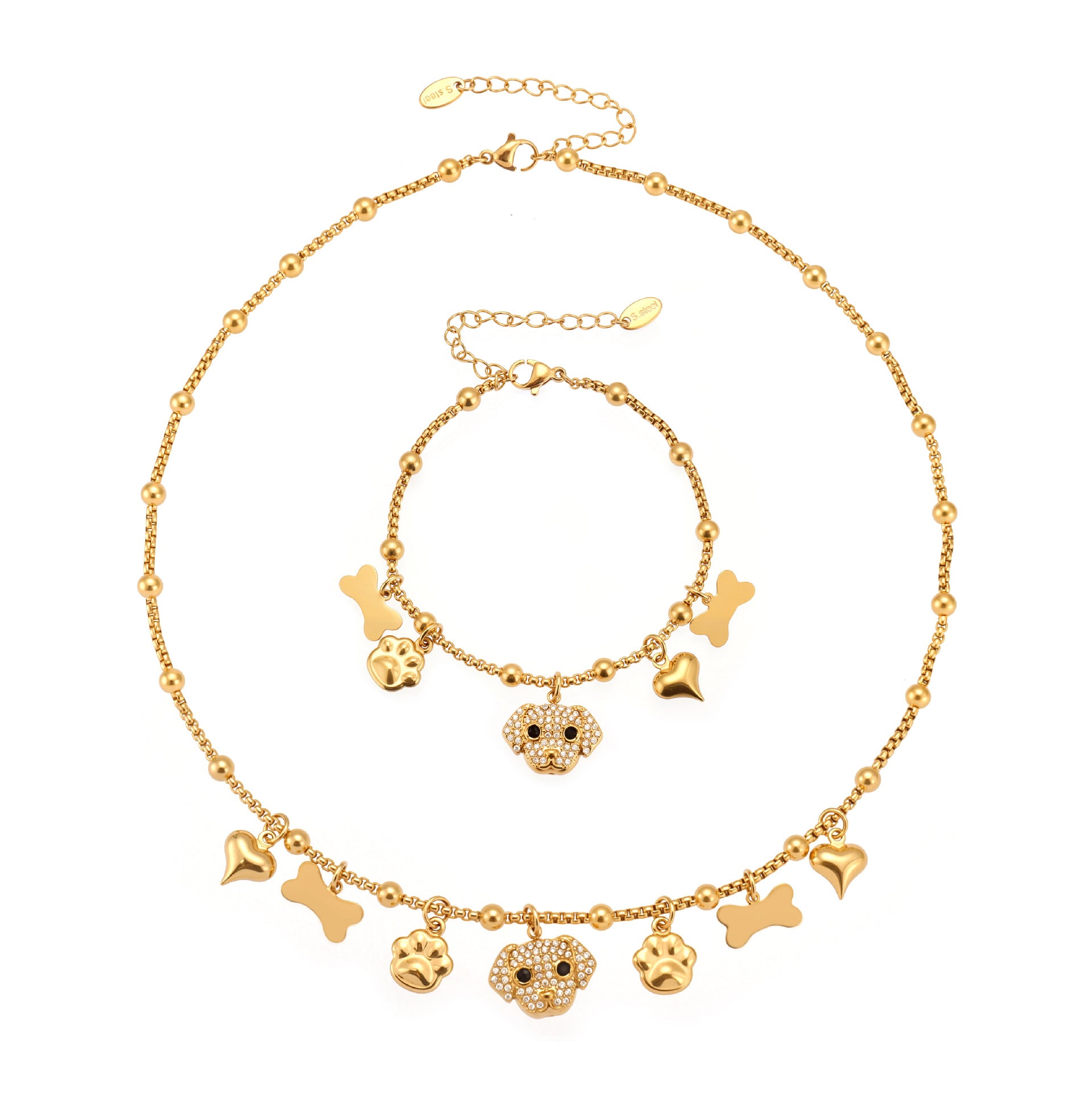 A complete 316L stainless steel dog zircon pave bone multi-pendant jewelry set in 18K gold plating, featuring necklaces and bracelets.