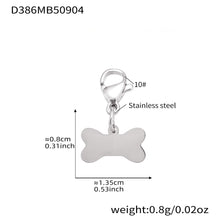 Product specification chart for the silver-tone dog bone bracelet, hypoallergenic 316L stainless steel, adjustable chain.